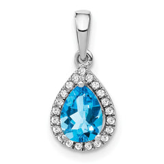 14k White Gold Pear Blue Topaz and Diamond Halo Pendant