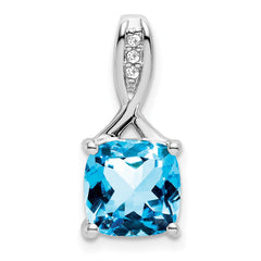 14k White Gold Cushion Blue Topaz and Diamond Pendant - 6