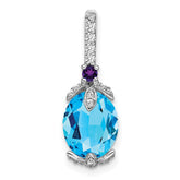 14k White Gold Oval Blue Topaz/Amethyst/Diamond Pendant