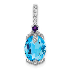 14k White Gold Oval Blue Topaz/Amethyst/Diamond Pendant