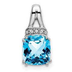 14k White Gold Cushion Blue Topaz and Diamond Pendant - 9