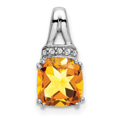 14k White Gold Cushion Citrine and Diamond Pendant