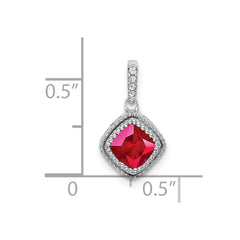 14k White Gold Cushion Ruby and Diamond Pendant with Side Diamond Detail