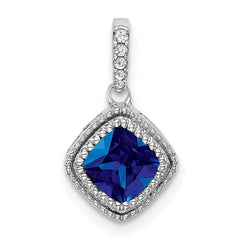 14k White Gold Cushion Sapphire and Diamond Pendant with Side Diamond Detail