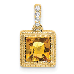 14k Square Citrine and Diamond Pendant