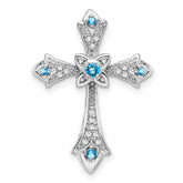 14k White Gold Blue Topaz and Diamond Fleur de Lis Cross Chain Slide