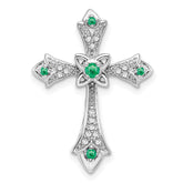 14k White Gold Emerald and Diamond Fleur de Lis Cross Chain Slide