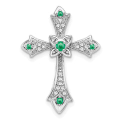 14k White Gold Emerald and Diamond Fleur de Lis Cross Chain Slide