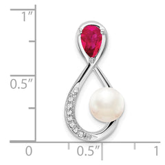 14k White Gold Pear Ruby/Freshwater Cultured Pearl/Diamond Infinity Chain Slide