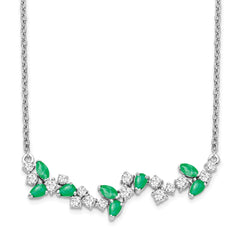 14k White Gold Marquise Emerald and Diamond 18 inch Floral Bar Necklace