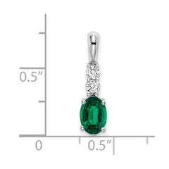 14k White Gold Oval Created Emerald and Diamond Pendant