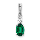 14k White Gold Oval Created Emerald and Diamond Pendant