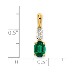 14K Oval Created Emerald and Diamond Pendant - 2