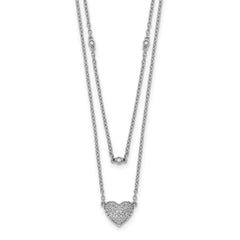 14k White Gold 1/5 carat Pave Diamond Double Strand Heart 18 inch Necklace