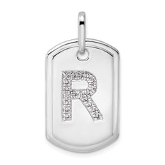 14K White Gold Diamond Initial R Dog Tag Charm