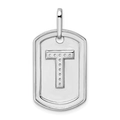 14K White Gold Diamond Initial T Dog Tag Charm