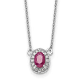 14k White Gold Diamond and 6x4mm Oval Ruby Halo 18 inch Necklace