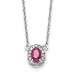 14k White Gold Diamond and 6x4mm Oval Ruby Halo 18 inch Necklace