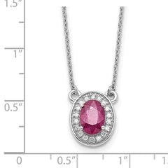 14k White Gold Diamond and 7x5mm Oval Ruby Halo 18 inch Necklace