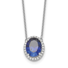 14k White Gold 10x8mm Oval Lab Created Sapphire and Diamond 18 inch Halo Necklace