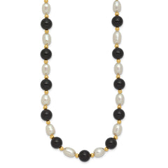 14k 6-7mm White Rice Freshwater Cultured Pearl and Onyx Beads 17 inch Necklace