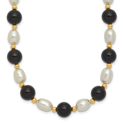 14k 6-7mm White Rice Freshwater Cultured Pearl and Onyx Beads 17 inch Necklace