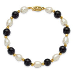 14k 6-7mm White Rice Freshwater Cultured Pearl and Onyx Beaded 8 inch Bracelet