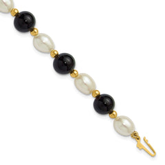 14k 6-7mm White Rice Freshwater Cultured Pearl and Onyx Beaded 8 inch Bracelet