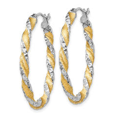 14k White Gold & Yellow Rhodium Twisted D/C Oval Hoop Earrings - 2