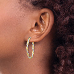 14k White Gold & Yellow Rhodium Twisted D/C Oval Hoop Earrings - 2
