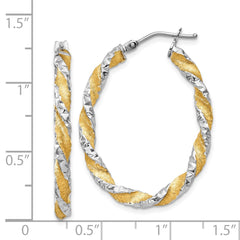 14k White Gold & Yellow Rhodium Twisted D/C Oval Hoop Earrings - 2