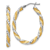 14k White Gold & Yellow Rhodium Twisted D/C Oval Hoop Earrings - 2