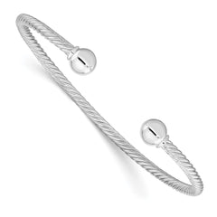 Sterling Silver Rhod-plated Twisted w/1 Thread Ball Cuff Bangle