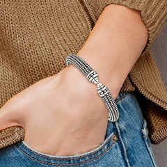 Sterling Silver Polished and Antiqued Beaded Hinged Bangle Bracelet