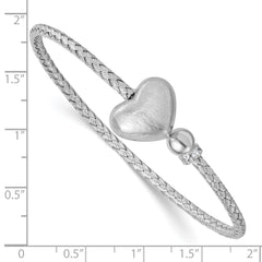 Sterling Silver Rhodium-plated Brushed Heart and CZ Flexible Cuff Bangle