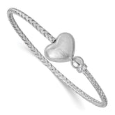 Sterling Silver Rhodium-plated Brushed Heart and CZ Flexible Cuff Bangle