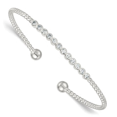 Sterling Silver Polished and Beaded Bezel Set CZ Bar Cuff Bangle