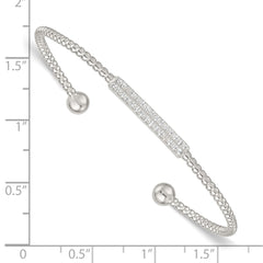 Sterling Silver Polished and Beaded CZ Bar Cuff Bangle