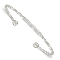 Sterling Silver Polished and Beaded CZ Bar Cuff Bangle