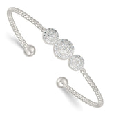 Sterling Silver Polished and Beaded Pave CZ Triple Circle Cuff Bangle