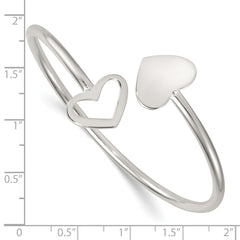 Sterling Silver Polished Double Heart Flexible Cuff Bangle