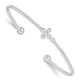 Sterling Silver Polished and Beaded CZ Cross Cuff Bangle