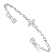 Sterling Silver Polished and Beaded CZ Cross Cuff Bangle