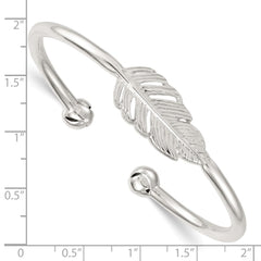 Sterling Silver Polished and Grooved Feather Cuff Bangle