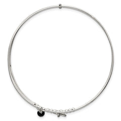 Sterling Silver Polished Beaded Miraculous Medal and Black Glass Bead Triple Band Slip-on Bangle Bracelet