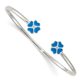 Sterling Silver Polished Blue Enamel Clover Childrens Cuff Bracelet