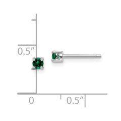 Sterling Silver Rhod-plated 3mm Round Created Emerald Post Earrings