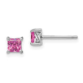 Sterling Silver Rhod-pltd 4mm Princess Cr. Pink Sapphire Post Earrings