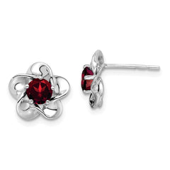 Sterling Silver Rhodium-plated Floral Garnet Post Earrings