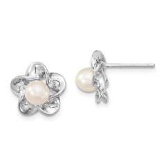 Sterling Silver Rhodium-plated Floral FWC Pearl Post Earrings